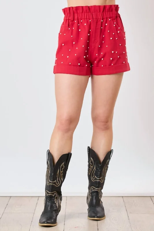 Pearl Paper Bag Shorts In Red