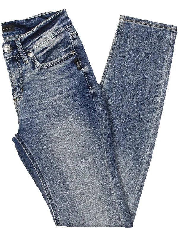 Womens Mid-Rise Faded Straight Leg Jeans