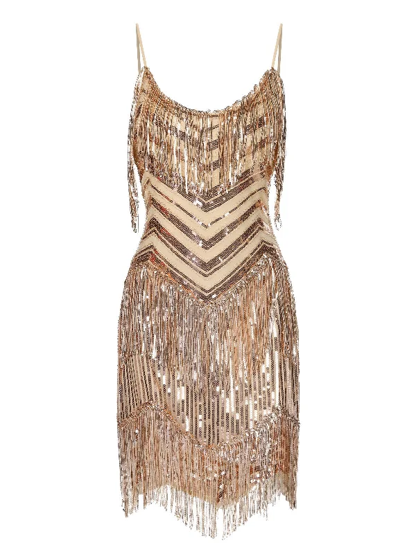 Beige 1920s Spaghetti Strap Fringe Sequins Party Dress