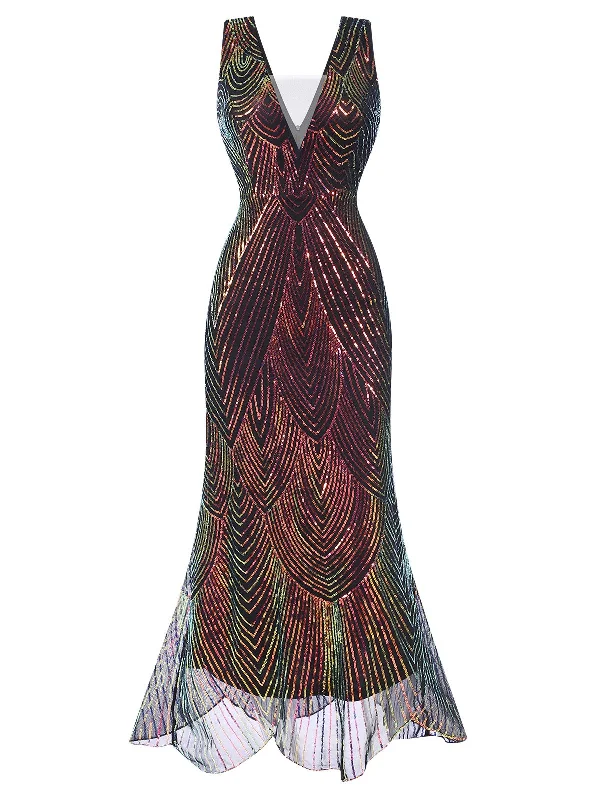 Multicolor 1920s V-Neck Sequined Fishtail Dress