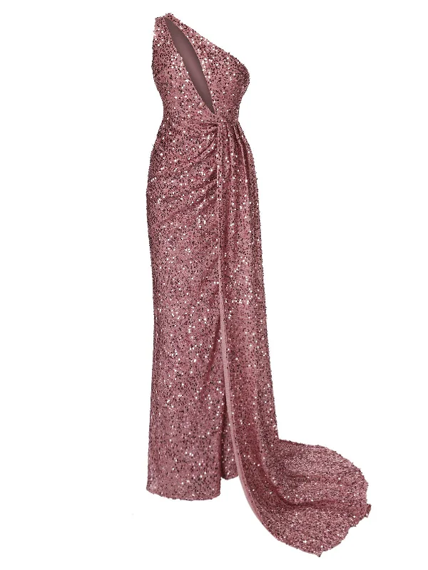 Purple 1920s One-Shoulder Sequined Maxi Dress