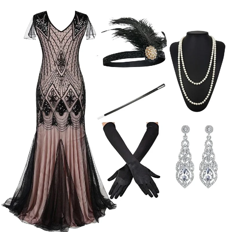 [US Warehouse] Pink 1920s Cap Sleeve Sequin Evening Dress & 5PCS Accessories