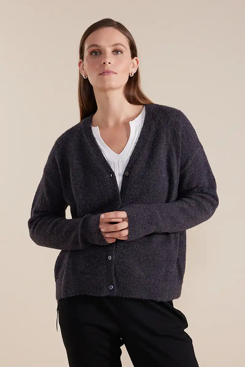 Marco Polo Long Sleeve Fluffy Button Thru Cardi in Graphite