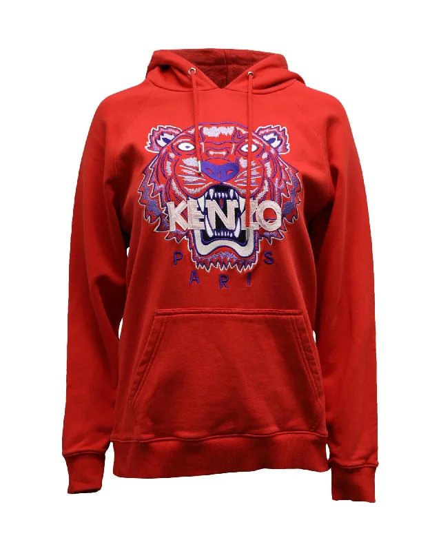 Kenzo Paris Embroidered Tiger Logo Hoodie in Red Cotton