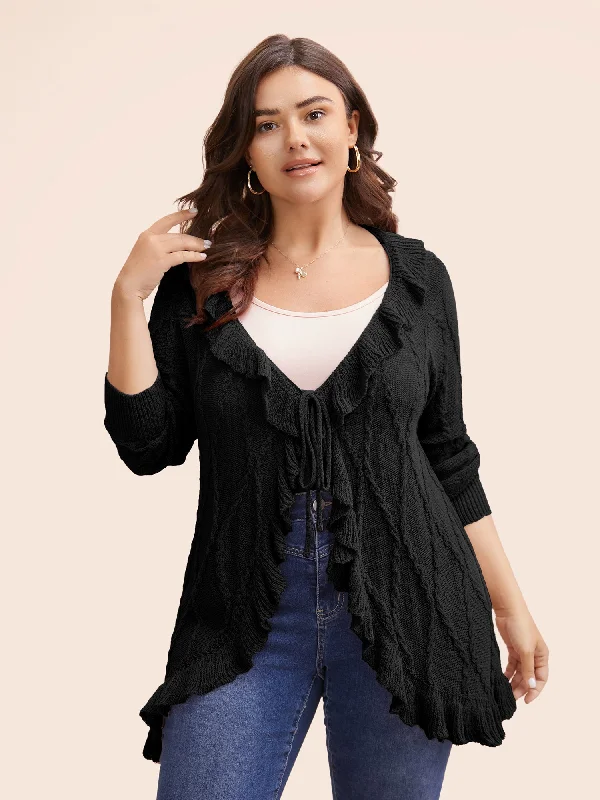 Ruffle Trim Ties Cable Knit Cardigan